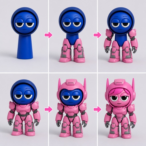 Pinki from Sprunki as Elita One merging her legs onto Jevin from Sprunki and then her arms and then her Body and lastly her head and helmet