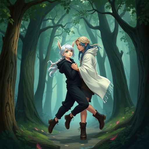 A pale teenage girl wearing a black hoodie and royal black trousers with emerald eyes and hair as white as snow and small fox ears bump into a young man with beige hair in the style of a braided half-up wearing a blue shirt and white cloak, black shorts, tights and boots with ocean blue hair