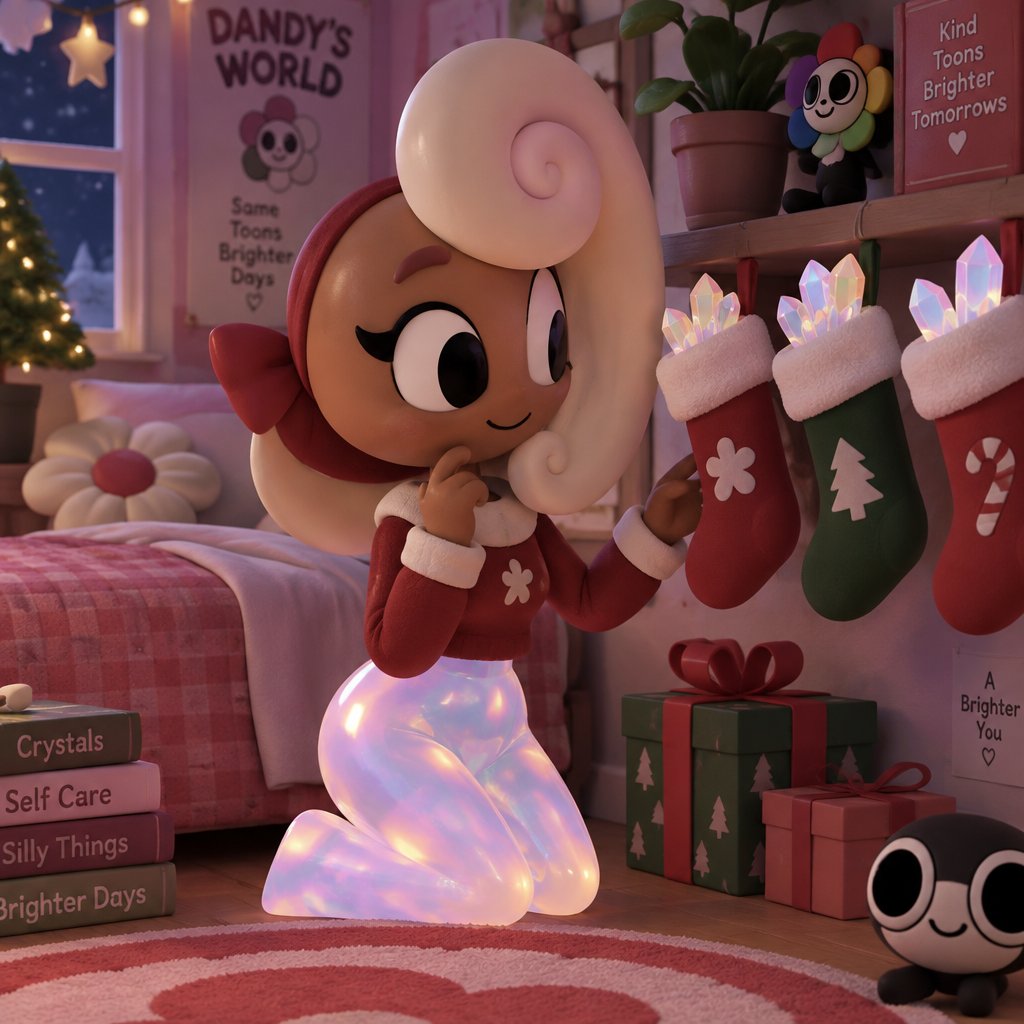 Ginger from Dandy’s world in her room noticing that her Christmas socks have opalite crystals on the top of them and she realises that she is transforming into a Opalite Werewolf but she isn’t scared considering how her legs and hips and waist are already opalite