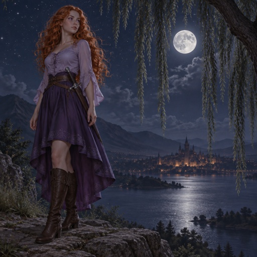 Young woman, long curly ginger hair, purple eyes, light purple top, dark purple skirt reaching to the knees where the back is longer than the front, brown boots, sword on her waist, standing on a cliff, night, full moon, stars, weeping willow