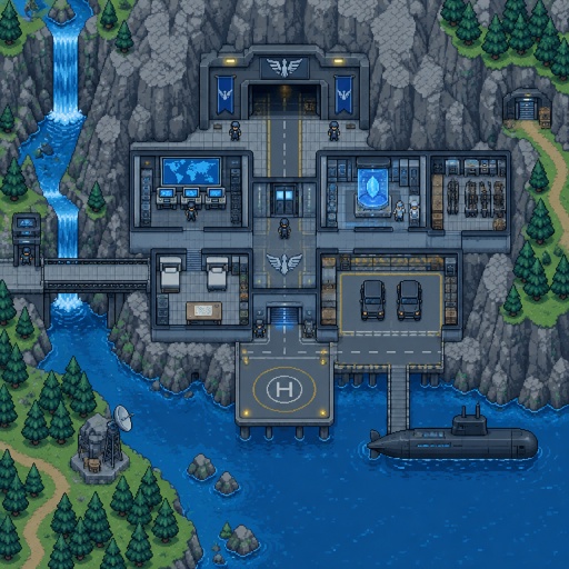 Spy facility on the side of a mountain for a fantasy game set in modern times, exterior, top-down style
