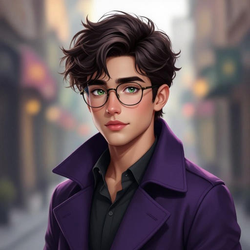 Male 17-year old Dark hair with greenish bluish eyes wears purple longcoat square glasses slightly chubby cheeks