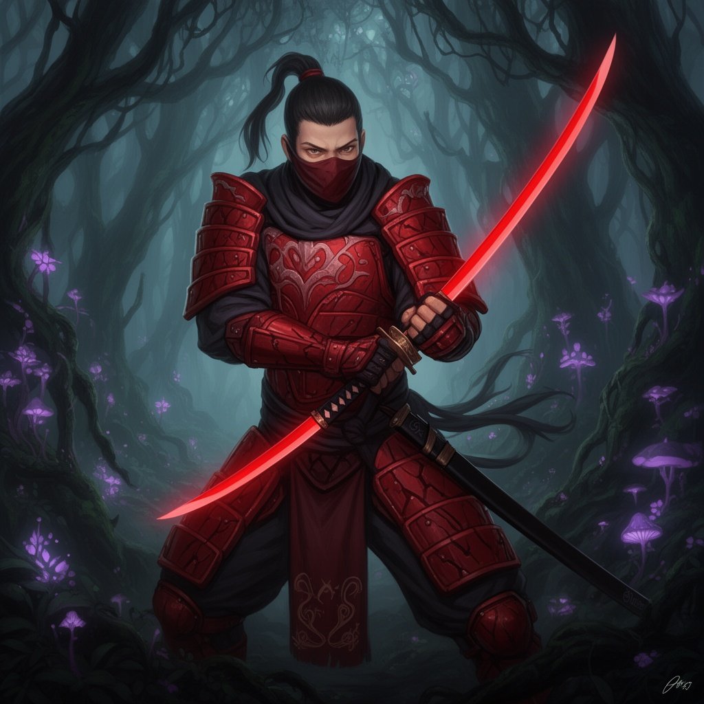 A man with ninja red armor and a red katana