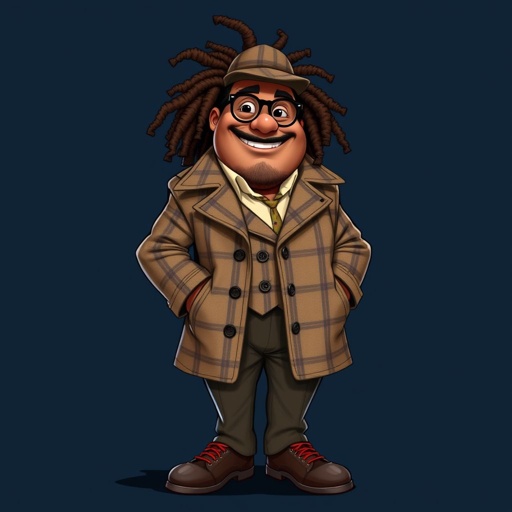 Create a funny fat character similar to Sherlock Holmes, but make him of black decent and with dread locks. Show his whole outfit including his shoes.