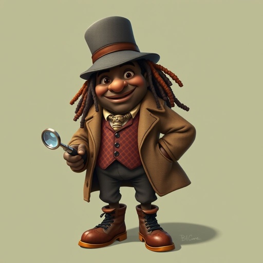 Create a funny fat character similar to Sherlock Holmes, but make him of black decent and with dread locks. Show his whole outfit including his shoes.