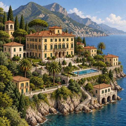 a painting of a house on a cliff overlooking the ocean