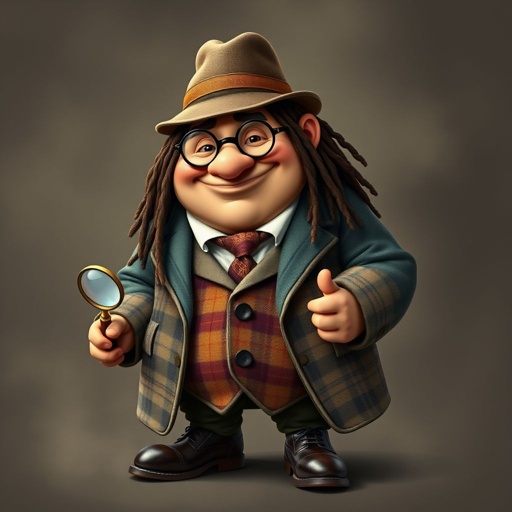 Create a funny fat character similar to Sherlock Holmes, but make him of black decent and with dread locks. Show his whole outfit including his shoes.