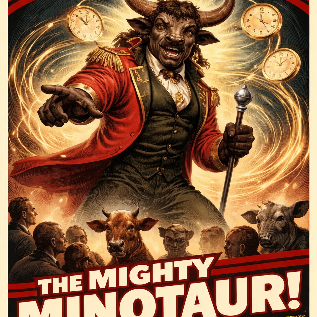 A male Minotaur that has a well~proportioned figure that works at freak show as the ringmaster. That has abilities of Reality Rejection, Time Manipulation (Chronokineses), Zoolingualism (Language of Cattle only), Human Speech. He’s basically a hybrid with his mother being a human with half-animal (Cretan bull) physiology and his father a Cretan Bull.