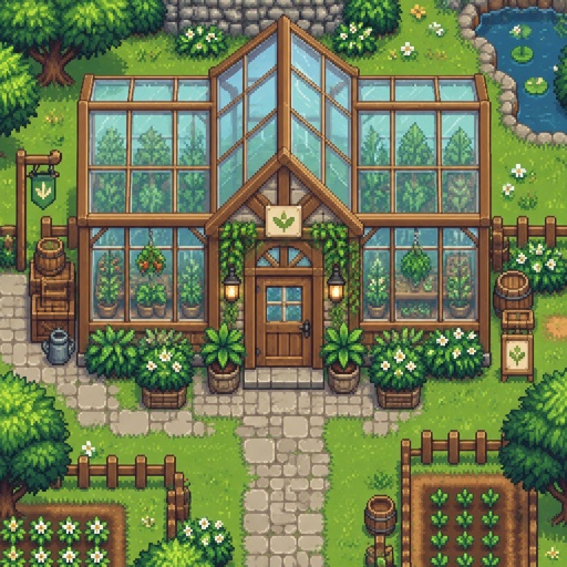 cozy greenhouse, for a modern fantasy game, exterior, top down style