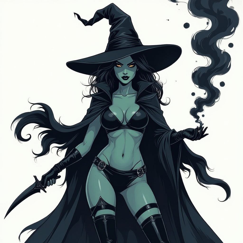sexy shadow demon witch gypsy slate grey skin large black billowing cloak that emits darkness and shadow smoke. Two piece. Witches Hat. Wields Black Evil Shadow Smoke Daggers