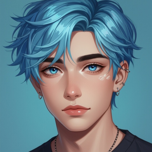 17-year old male with dyed light blue hair with dark blue eyes with an eyebrow piercing 