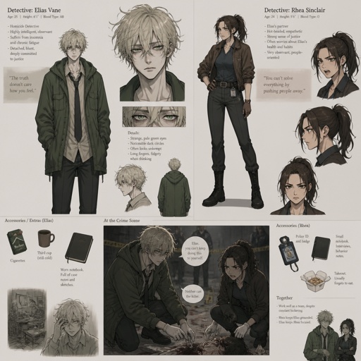 Anime style Male great detective takes his job real seriously and is really good at it in his mid 20s with medium really crazy messy light blonde hair, tall thin, tied, clean shaven, strange green eyes wearing a baggy loose mossy green jacket tired face,partner looking annoyed but also concerned for him, trying to take this case seriously, talking about crime scene what could have happened, very gruesome,person unknown, detective will do whatever he can, his parent and him get into arguments usually his partner will say "you really need some rest you can barely stand and your speaking trails off, how do you expect to finish this case with the little sleep and food you eat" detective will reply" all I need is some coffee, I can survive and I don't plan on resting till I get to the bottom of this, worrying never helps with anything"as he yawns and starts nodding off