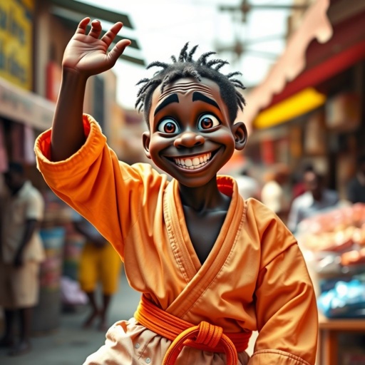 Create a character who looks like a funny African karate guy who doesn’t have a clue what he is doing