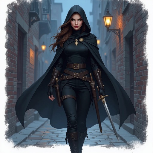Human woman. Brown long hair and green big eyes. She wears a black cape. A wear black turtleneck and black pants. She has a belt on which he carries daggers and swords. She wears high, heavy boots. She carries a short sword. She has a long sword on his back. She wears a hood. It's night. A dark alley. The screen is from below. A woman approaches us. A cold expression appears on her face. An amber necklace gleams around her neck. She wearing black armor. The woman is pale. She has a delicate beauty. Her eyes are painted black. She looks menacing. pale complexion. Shes not beautifull. She have 25 years old.