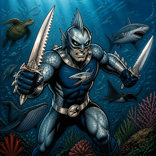 a painting of a man holding a sword in the ocean