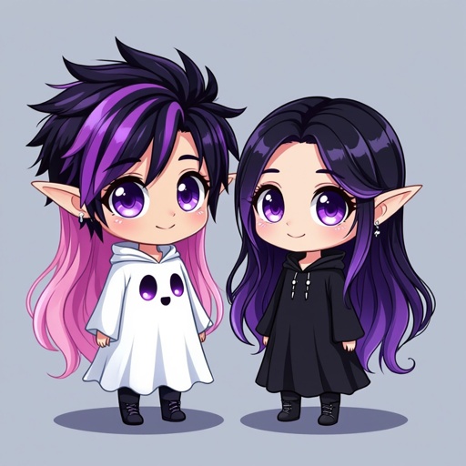 Anime boy, emo, black and purple streaks in hair, elf ears, glowing purple eyes. Anime  girl with long pink hair, curves, ghost outfit, glowing eyes. Two people 
