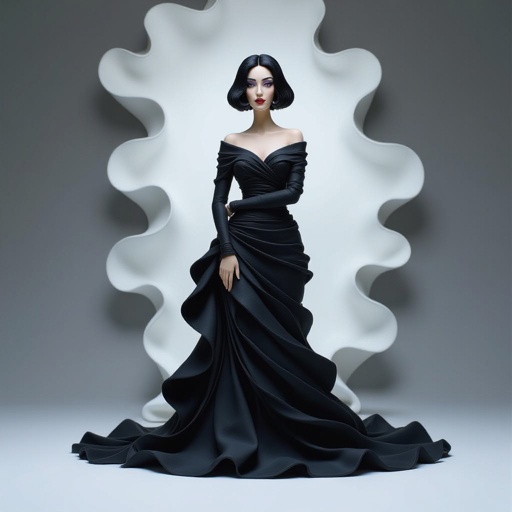 Create A lithe, mysterious woman draped in layered black silks that move like smoke around her. Her jet-black hair is cut sharp to her jawline, and her violet eyes seem to pierce through darkness.