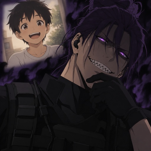Agent Ward male, made to be a weapon, hair violet messy bun, clean shaven, night vision eyes no goggles, sharp teeth, dark power, tall, intimidating, big grin, he's used as a weapon,when he was yonder he used to be very happy boy and appreciate many things in life he used to have,brown eyes,black hair hair was neck long,and used to be very cheerful 