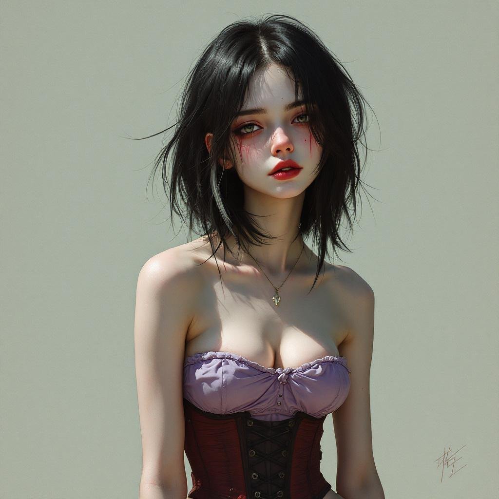 Peaceful Hollow One Zombie Girl shoulder length Black Hair with a Shock of White. She wears a Lavender strapless skin tight mini dress. With a dark red corset
