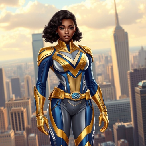 A teenage African American female superhero with slightly curly hair in a shoulder length side part style  wearing a  polyester slimly armored gold and blue suit with white accents and a stylized V as her chest emblem a utility belt and gold boots standing in Philadelphia  