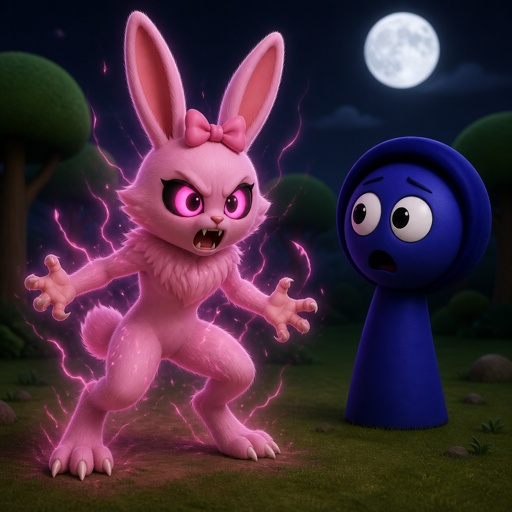 Pinki from sprunki starting to turn into her kind Wererabbit self in front of Jevin from sprunki with her legs and tail transforming and then her arms and then her ears and her neck gets fluffy and then she’s fully transformed with her eyes being black and pink