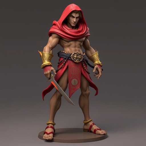 Create handsome hero Rhen the Fire – A lean, muscular man. He wears layered, flowing desert robes dyed in warm reds and golds, with scorch marks where flames have licked them. A curved blade hangs at his hip. Show whole body head to toe including her shoes.