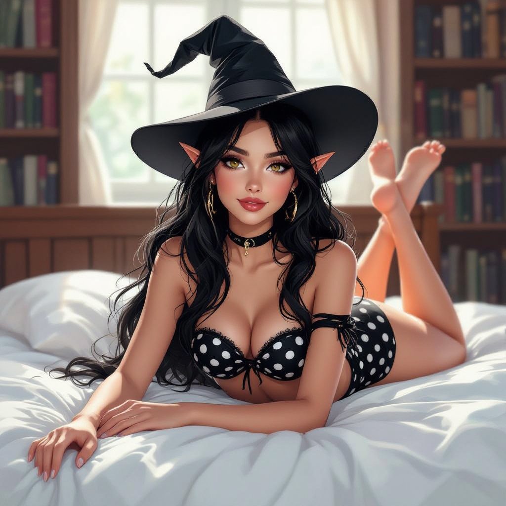 Dark Brunette Elf Witch Librariani with With Hat. Strapless Bathing Suit Top and Black and white Polka Dot Mini Pencil Skirt laying on Library Bed