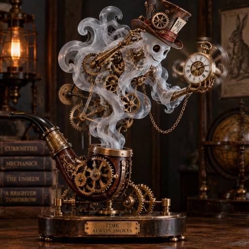 A ghost coming out of a tobacco pipe like smoke  with the mad hatter hat on is checking his pocket watch that is going crazy
