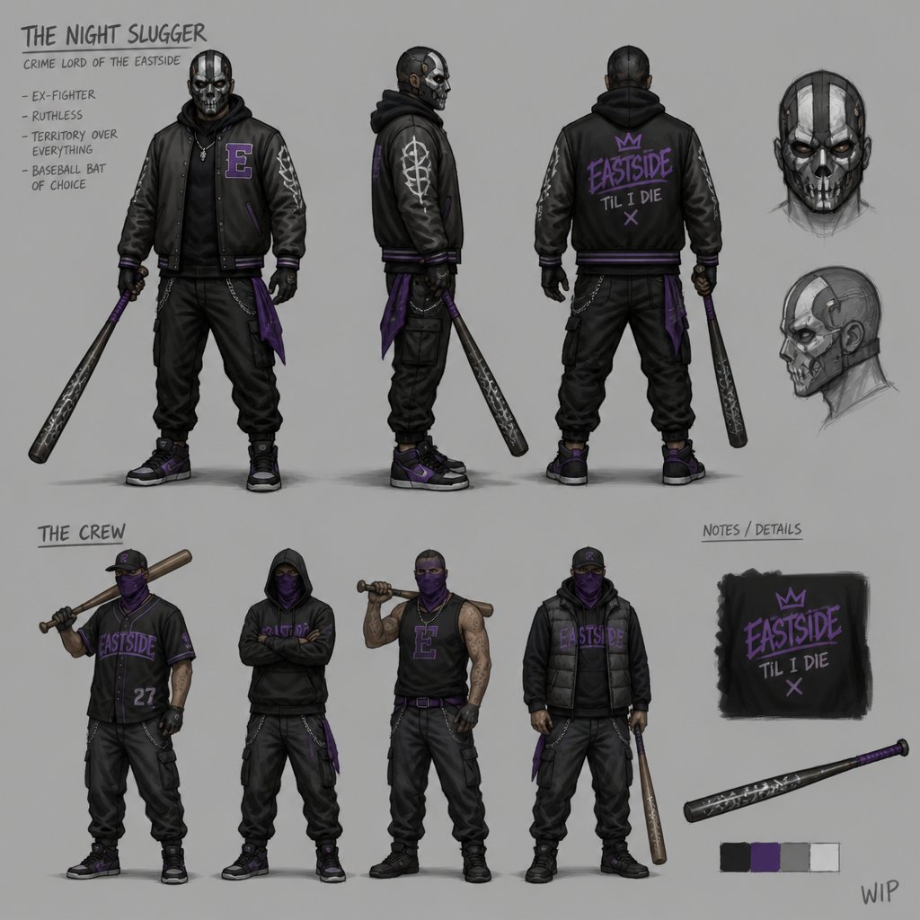 Male superVillian, mask, gang member, uses a bat, wip, multiple of the same character