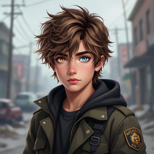 Teenage boy younger not older then 16  hetrochromia eyes and fluffy brown and blonde hair  rouge cop in an apocalypse 