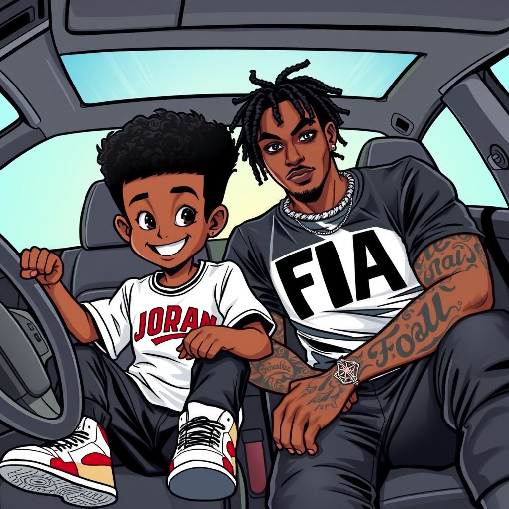 a young dark skin boy with a mini Afro with Jordan’s on and a white Jordan shirt with black pants he has dark brown eyes in the car next to a dark skin guy with a black T-shirt on his eyes at dark brown too and he has a tatto on his right arm and it says foa goin down his arm and he has little black dreads
