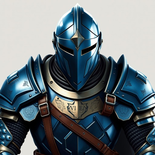 Blue metal armor with cool leather straps and a full metal full face mask