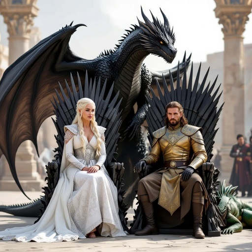 Daenerys Targaryen on the throne with Drogon , Viserys , and Rhaegal 