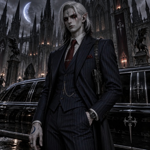 Male, grey skin, cheekbones, pointy ears, completely black eyeballs, red iris, scar across one eye, white shoulder length hair black tips, black symbol on forehead, half blue moon on back of hand, earpiece, gun holster on leg, wristwatch, pinstripe blue suit, red tie, serious, standing in front of limousine, thin