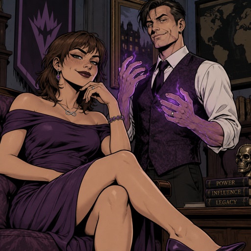 Female, slim, straight brown neck length wolf cut hair ears completely covered by hair, freckles, dimples, long eyeliner, upturned nose, bad guy, knee length purple dress off the shoulders, jewelry, necklace infinity symbol, heels, wedding ring, smirk, no cleavage showing, Male, slim, black messy hair, back hair, brushed side hair, scar on upper and lower lip, ear piercing ring, mid 40s, glowing purple hands, purple glowing veins, bad guy, purple vest, white shirt, wedding ring, clean shaven, smile