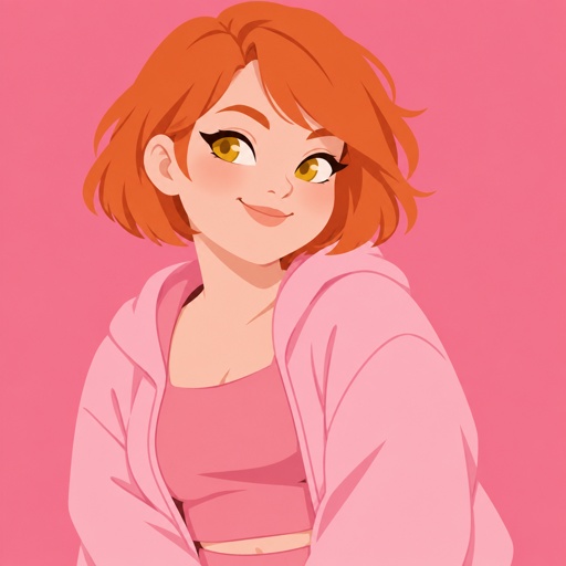 Female, teen, short orange hair, slightly chubby, yellow eyes, wears pink