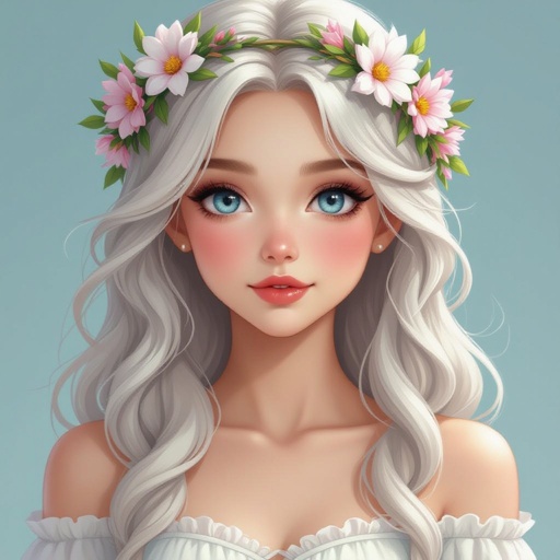 Ginger and white hair, blue eyes, female, maiden dress,flower crown