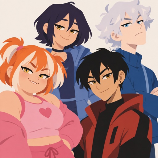 Female, teen, short orange hair white tips, slightly chubby, yellow eyes, wears pink, sassy, Female, smile, yellow eyes, orange and white messy pigtails, short, wears blue, one droopy eyelid, Male, smile, Asian, neck length black hair, yellow eyes, eyeliner, wears red casual clothes, small mouth, Male, fluffy white hair, big blue eyes, long smile, snobby, wears blue, irritated 