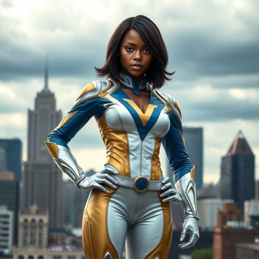 A teenage African American female superhero with hair in a shoulder length side part style wearing a mask wearing a partially leather white and Gold suit with blue accents and a stylized V as her chest emblem a utility belt and silver boots standing in Philadelphia during a cloudy day