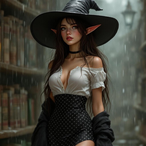 Brunette Elf Wizard Librarian with Long brunette hair in a tight black and white polka dot mini pencil skirt and a white open blouse and a big witches hat. She looks like she’s daydreaming the hottest moment ever and is drunk standing in the rain her outfit wet