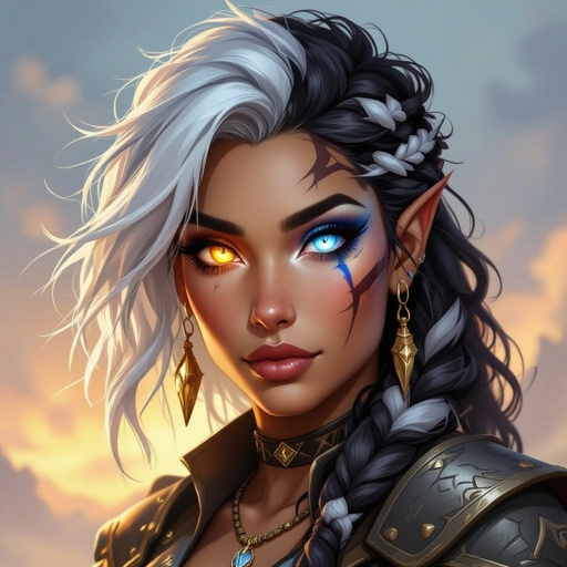 DND Dragonborn female with tan skin with messy battle white and black hair her left is is a bright glowing Amber Auburn and her right eye is a bright glowing sky blue with a smooth dagger scar down her left eye 