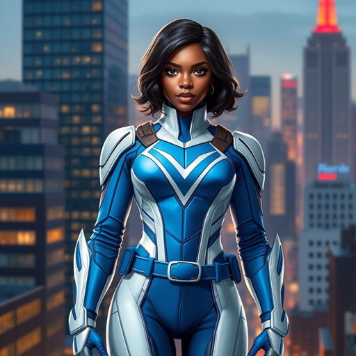 A teenage African American female superhero with slightly curly hair in a shoulder length side part style wearing a polyester armored white and blue suit with blue pants and a stylized V as her chest emblem a utility belt and blue boot heel less standing in Philadelphia