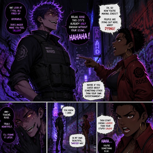 Anime style, Agent Ward a male, made in a secret lab to be best weapon and good at everything, highly skilled,be kept in check and have an emergency backup in case he gets out of control, Wards hair a messy bun hair color violet, is clean shaven, yellow night vision eyes, sharp teeth,has a dark power energy from experiments,best agent, in late 20s, tired, tall, eyes sensitive to light, easily migraines, likes making jokes, mischievous and dangerous,grins, hates being told what to do, intimidating, laugh like a maniac cares about his partner ruby rose she's dark skin serious plays by the rules and firm but nice to ward them standing together ruby arguing to wards “stop being so intimidating you’re going to give are suspect a hart attack!” Ward says “what I’m just making the job go faster he’s fun and was very helpful “ he proceeds to laugh ruby says under her breath “this isn’t funny” as a comic 