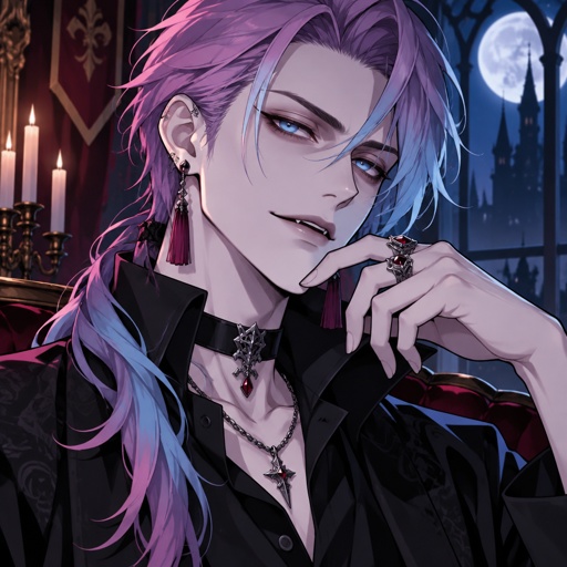 Male, pale, vampire, thin, light blue eyes, cheekbones, medium length brushed smooth hair, all back hair over right shoulder,  bangs, pinkish purple and light blue hair gradient, tassel earrings, jewelry, black button up shirt with upturned collar , choker, smirk, eye bags