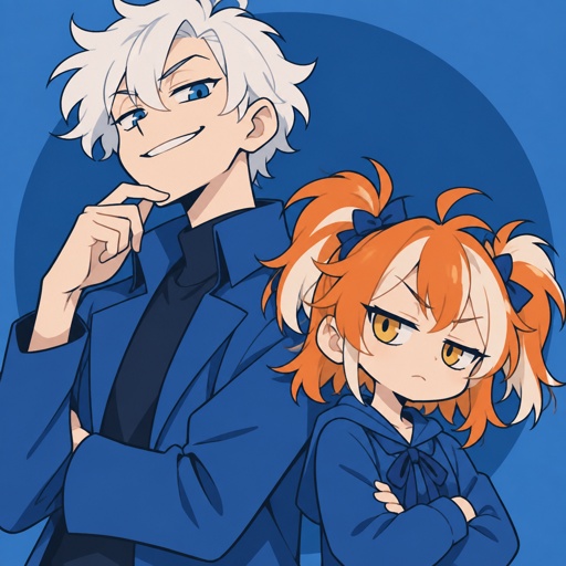 Male, fluffy white hair, big blue eyes, long smile, snobby, wears blue, Female, yellow eyes, orange and white messy pigtails, short, wears blue, one droopy eyelid