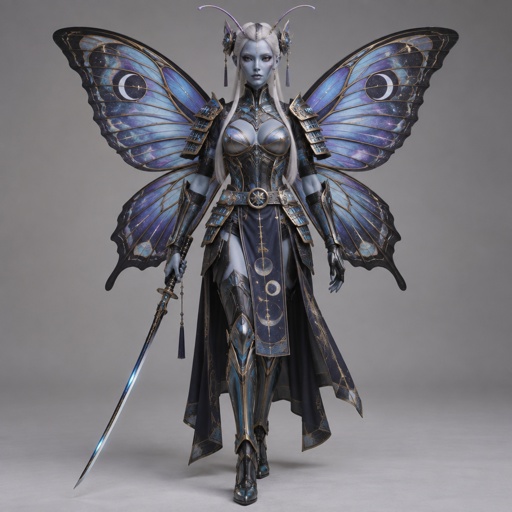 A gorgeous alien butterfly woman in a futuristic space samurai armor. Show whole body. 
