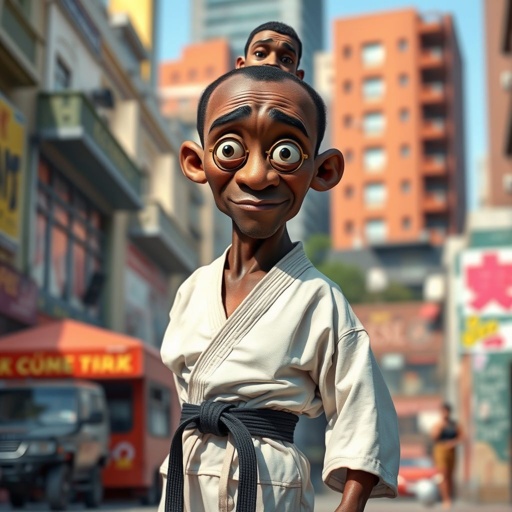 Create a character who looks like a funny African karate guy who doesn’t have a clue what he is doing. Make him have weird toes, only speedos on and a black karate belt. Make him tal skinny and slinky.