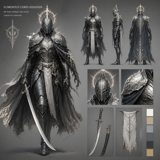 assassin, long curved sword, crested helmet, dark silver armor, luminous lord