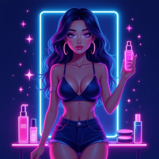 Create a character showing there whole body head to toe, a lady who loves beauty products