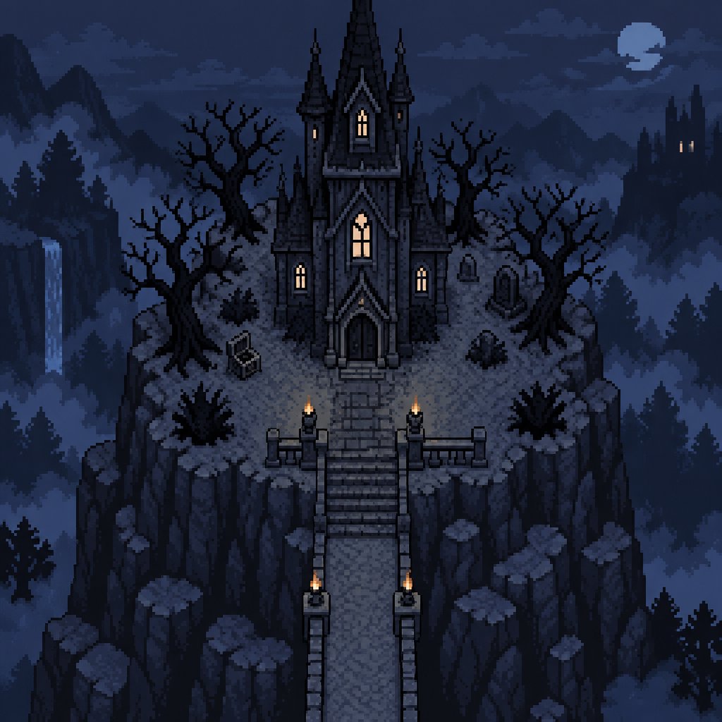 Tall Dark Fairy House on a mountain platform surrounded by Shadow Tree almost black trunk and leaves that subtly move even without wind for a fantasy game set in modern times, exterior, top-down style